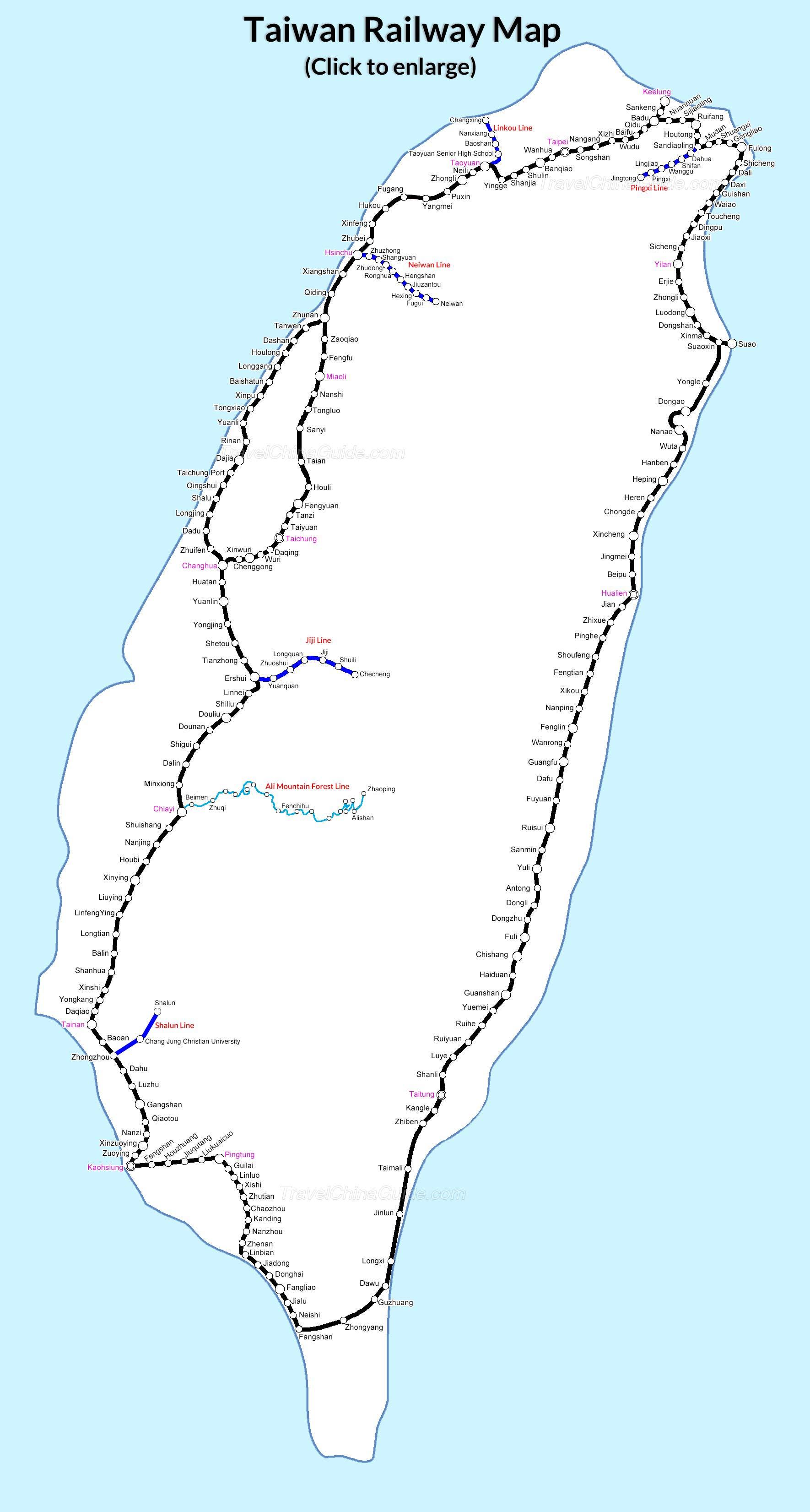 Đường sắt là phương tiện vận chuyển quen thuộc đối với người dân Đài Loan khi đi lại giữa các thành phố. Với bản đồ đường sắt Đài Loan ga xe lửa bản đồ (Đông nam Á) bản đồ tàu điện ngầm Đài Loan, bạn sẽ dễ dàng và tiện lợi hơn trong việc di chuyển và khám phá các địa điểm mới.